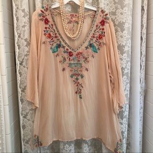 JOHNNY WAS * NWOT Shell Pink Emboidered Peacock Cupra Tunic Top